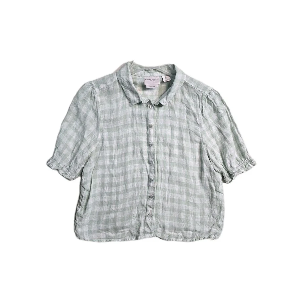 Laura Ashley Linen Blouse Women's L Green White Cropped Cottagecore - Picture 1 of 3
